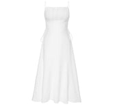 Silk midi dress with ruched bodice and adjustable side ties for elegant feminine silhouette